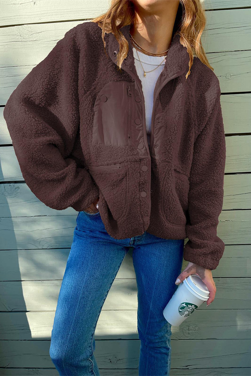 Casual Solid Patchwork Pocket Mandarin Collar Outerwear(2 Colors)