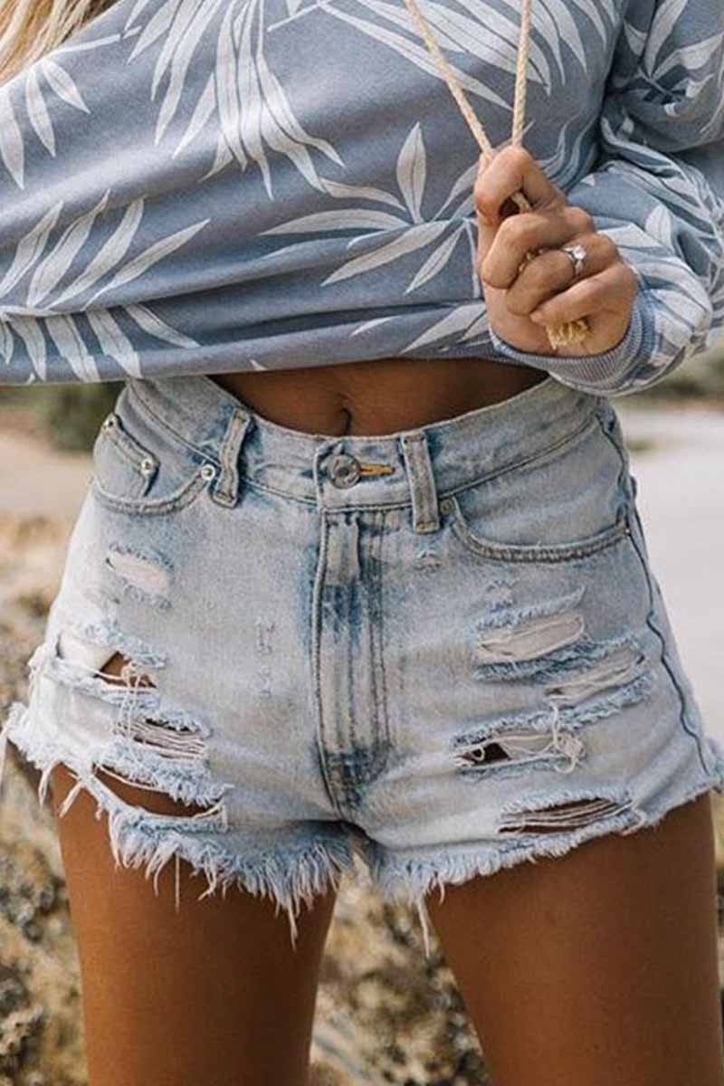 Florcoo High Waist Ripped Fringed Denim Shorts