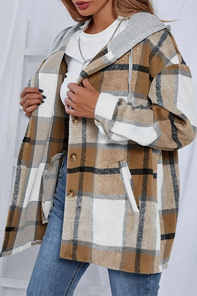 Casual Plaid Draw String Buckle Hooded Collar Outerwear(4 Colors)