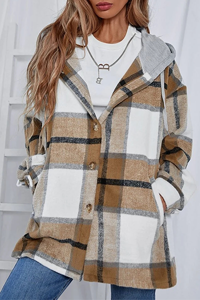 Casual Plaid Draw String Buckle Hooded Collar Outerwear(4 Colors)