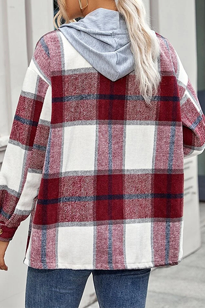 Casual Plaid Draw String Buckle Hooded Collar Outerwear(4 Colors)