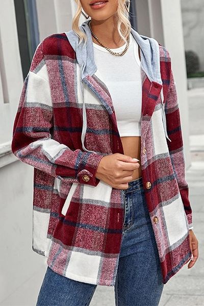 Casual Plaid Draw String Buckle Hooded Collar Outerwear(4 Colors)