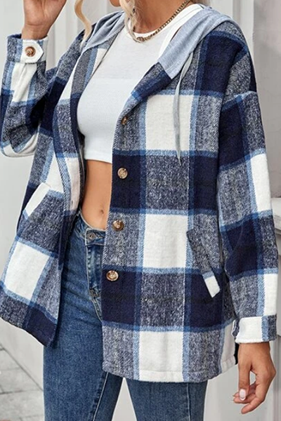 Casual Plaid Draw String Buckle Hooded Collar Outerwear(4 Colors)