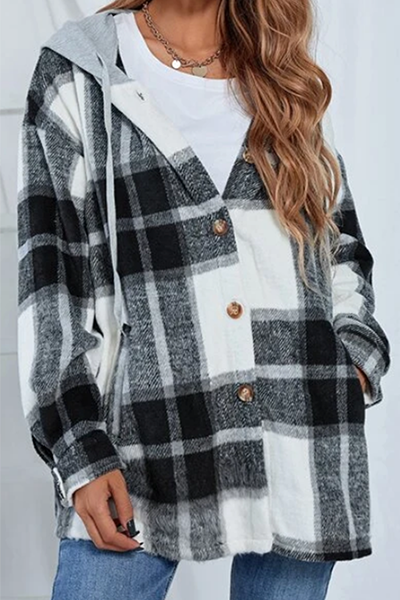 Casual Plaid Draw String Buckle Hooded Collar Outerwear(4 Colors)