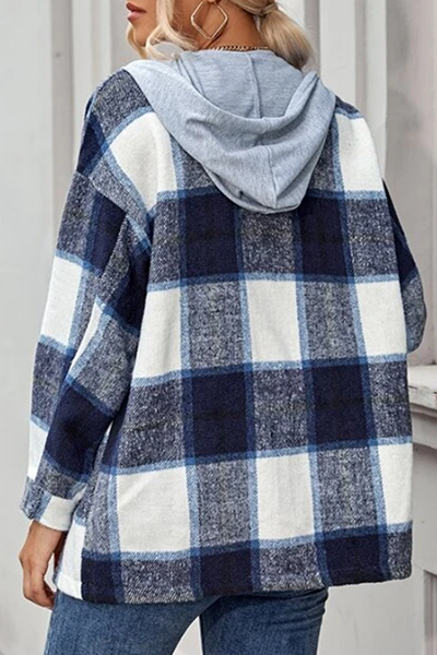 Casual Plaid Draw String Buckle Hooded Collar Outerwear(4 Colors)