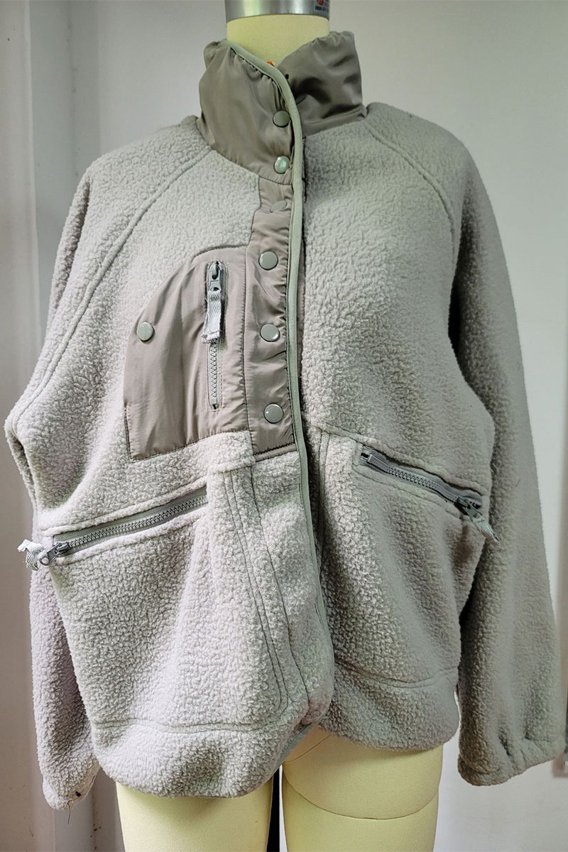 Casual Solid Patchwork Pocket Mandarin Collar Outerwear(2 Colors)