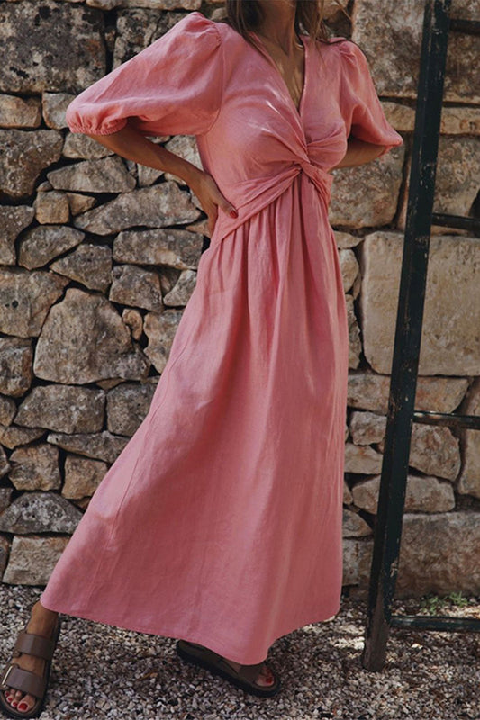 Casual Simplicity Solid V Neck Short Sleeve Dress Dresses(3 Colors)