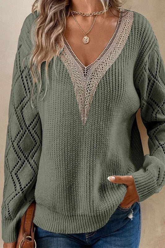 Casual Simplicity Solid Lace V Neck Sweaters
