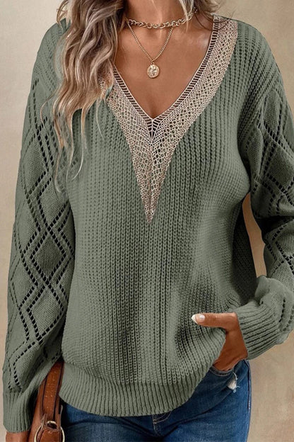 Casual Simplicity Solid Lace V Neck Sweaters