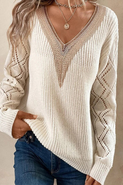 Casual Simplicity Solid Lace V Neck Sweaters