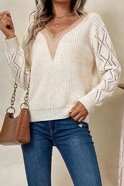 Casual Simplicity Solid Lace V Neck Sweaters