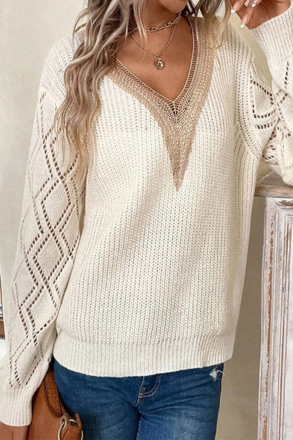 Casual Simplicity Solid Lace V Neck Sweaters