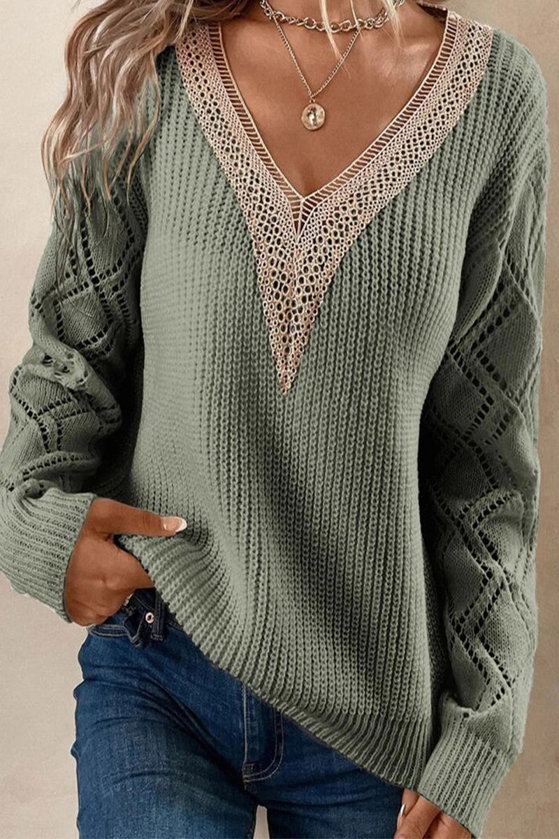 Casual Simplicity Solid Lace V Neck Sweaters