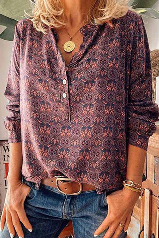Florcoo Vintage V-Neck Button Print Shirt(3 Colors)
